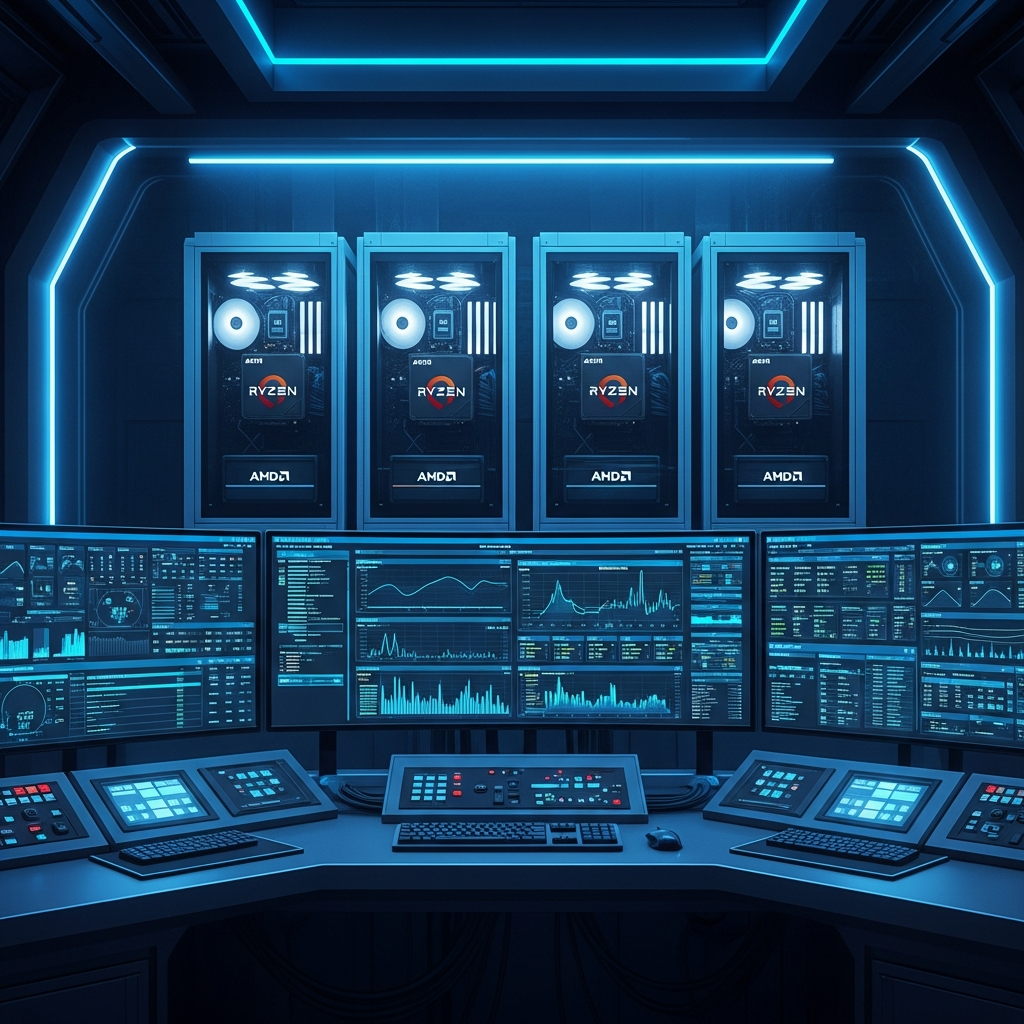 Salle de contrôle futuriste avec écrans affichant des graphiques de performance d'un serveur Minecraft, processeurs AMD Ryzen 9 visibles en arrière-plan, ambiance technologique avec néons bleus et interface de monitoring en temps réel