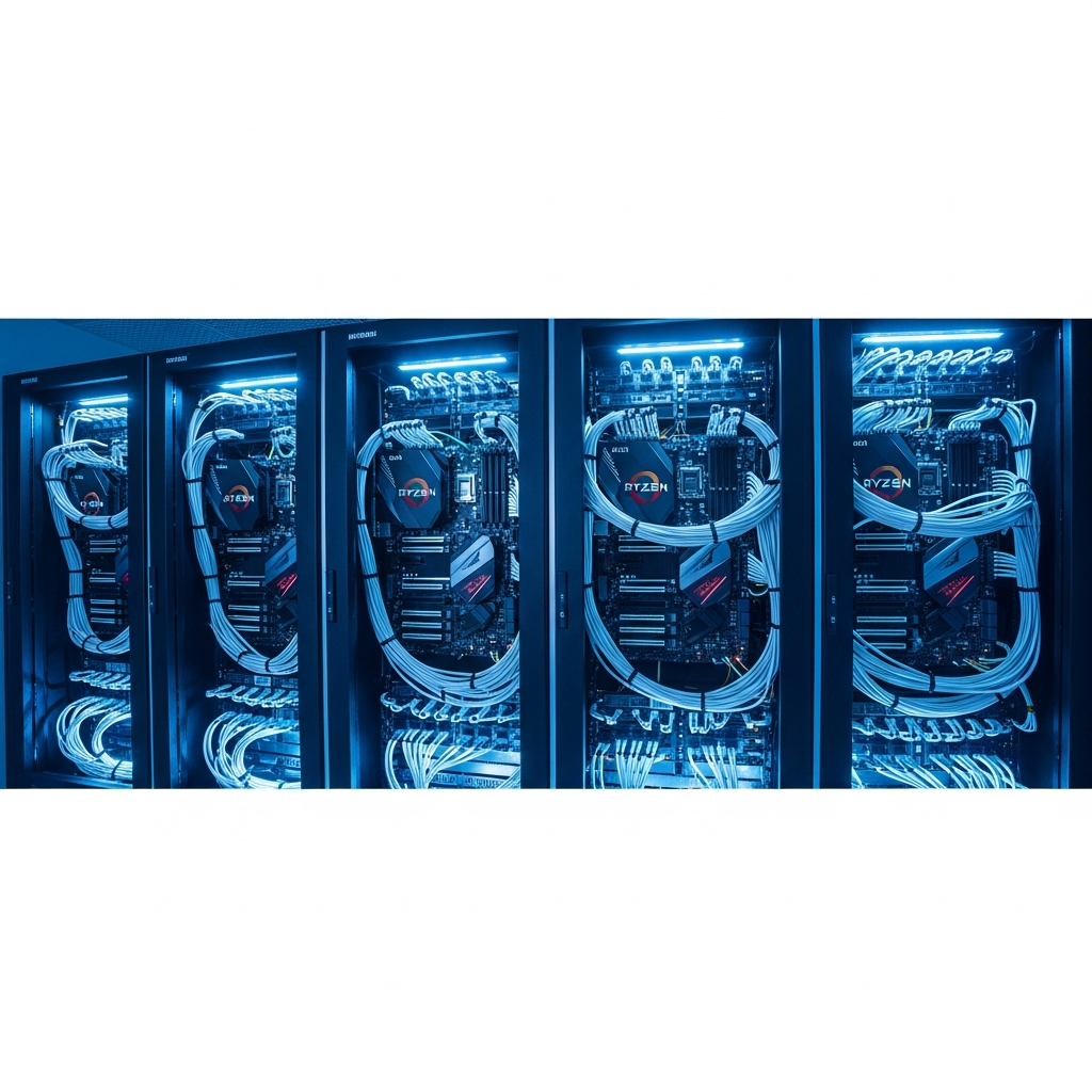 Salle serveur moderne avec baies rack illuminées en bleu, câbles réseaux organisés, processeurs AMD Ryzen visibles sur cartes mères haute performance, ambiance technologique professionnelle et futuriste