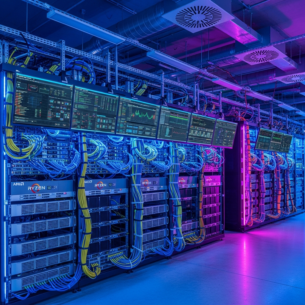 Salle serveur moderne avec racks éclairés en bleu et violet, montrant des serveurs AMD Ryzen alignés avec câblage réseau structuré, écrans affichant des métriques de performance en temps réel, ambiance professionnelle et technologique
