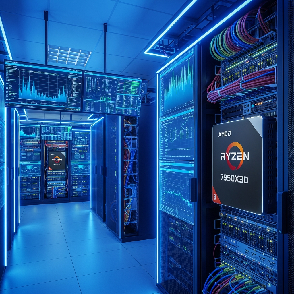 Salle serveur moderne avec racks contenant des serveurs AMD Ryzen 9 7950X3D, éclairage LED bleu, câbles réseau organisés, écrans affichant des statistiques de performance en temps réel, atmosphère high-tech et professionnelle