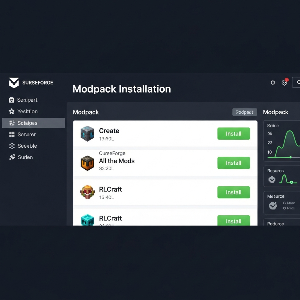 Screenshot eines modernen Server-Control-Panels mit der Überschrift „Modpack Installation", Liste von CurseForge-Modpacks (Create, All the Mods, RLCraft) mit grünen „Installieren"-Buttons, sauberes UI-Design, fotorealistisch, helle Oberfläche