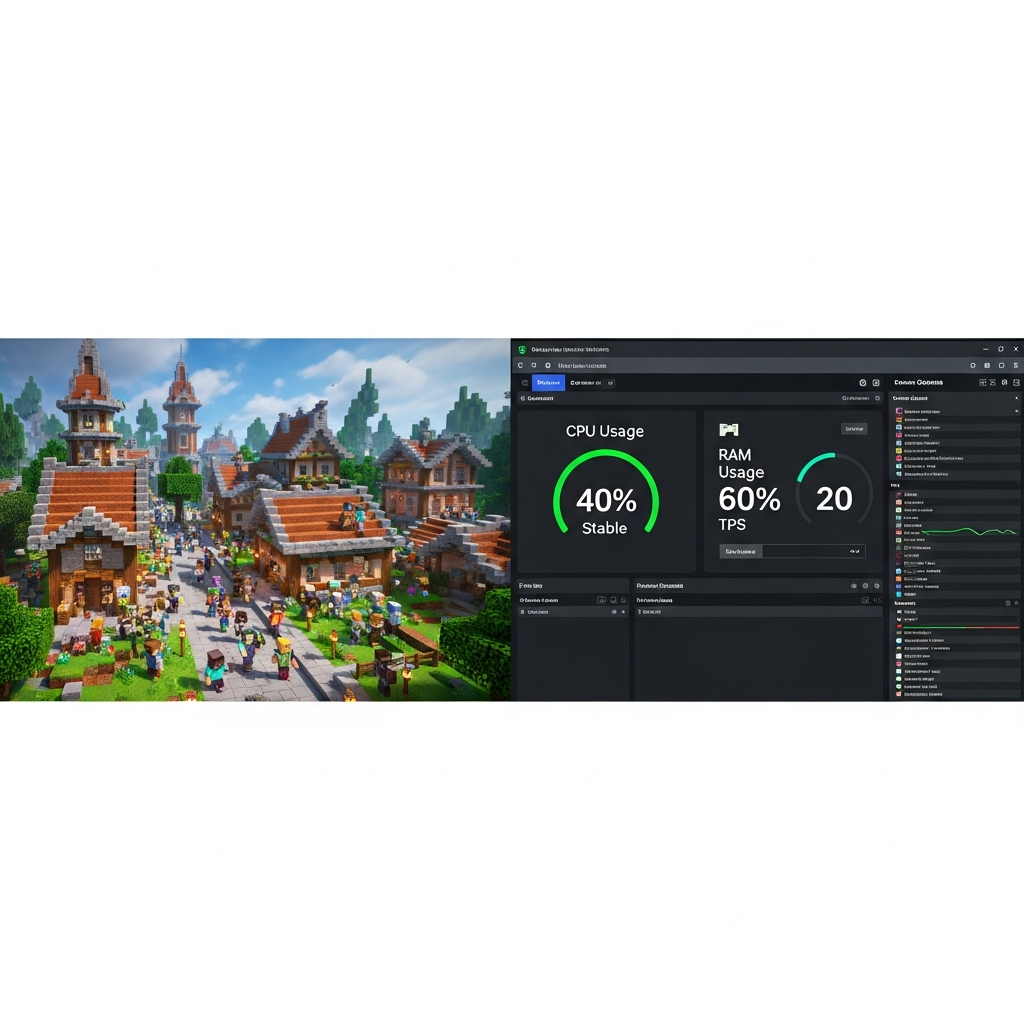Split-Screen-Ansicht: Links ein lebendiger Minecraft-Server mit dutzenden Spielern in einer großen Stadt, rechts das dazugehörige Server-Panel mit grünen Performance-Indikatoren (CPU bei 40%, RAM bei 60%, TPS stabil bei 20), moderne UI mit dunklem Theme, fotorealistisch, professionelle Softwarefotografie