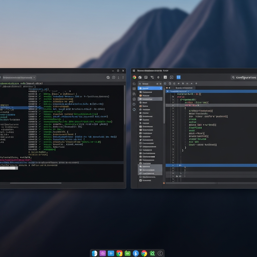 Split-Screen-Ansicht mit Linux-Terminal auf der linken Seite mit scrollendem Installationscode und auf der rechten Seite ein geöffnetes Konfigurationsfile in einem Code-Editor, realistische Desktop-Umgebung mit dunklem Theme