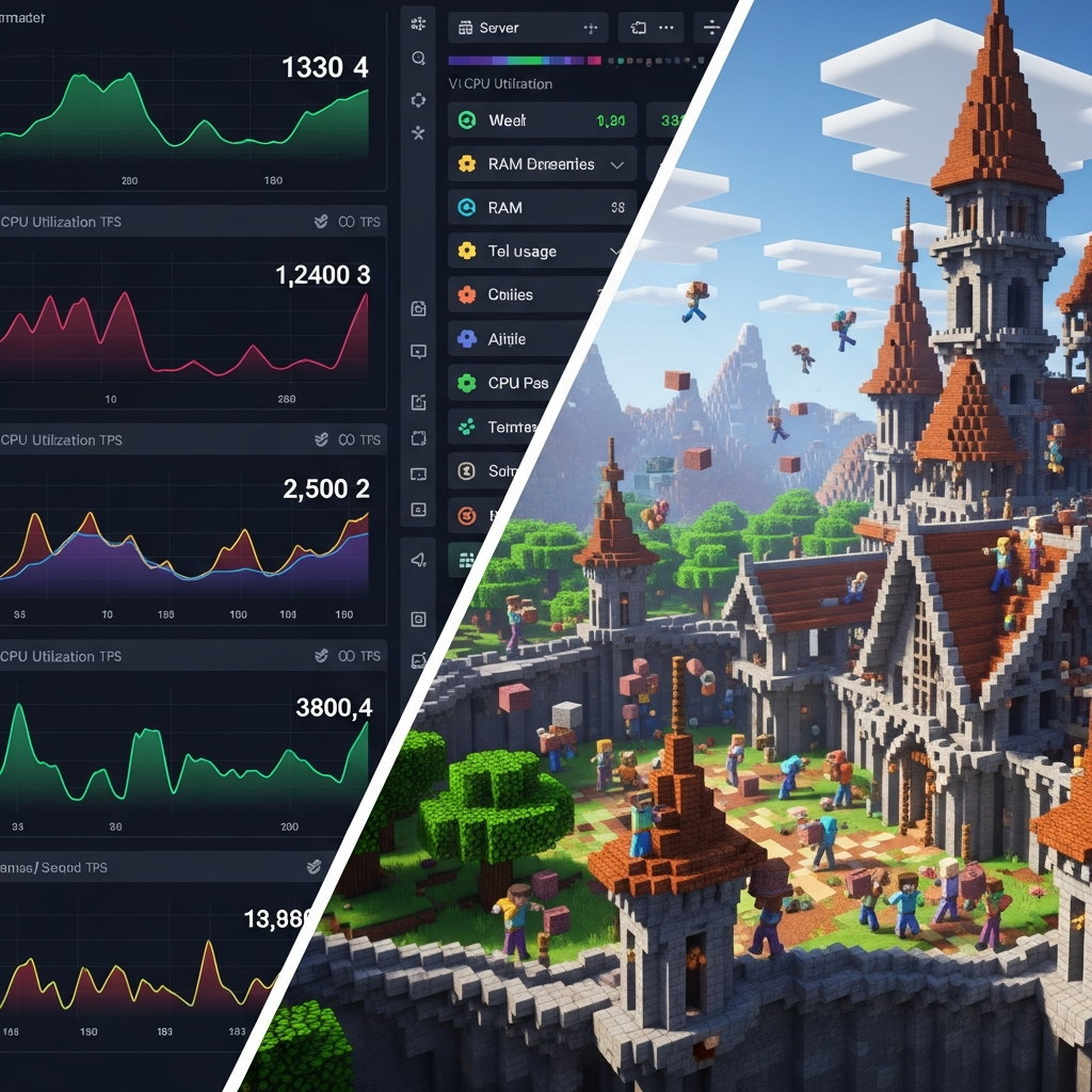 Split-Screen-Ansicht mit links einem Grafik-Dashboard mit Server-Performance-Metriken (CPU, RAM, TPS in Echtzeit als farbige Diagramme) und rechts einer Minecraft-Welt mit vielen Spielern, die gemeinsam an einem großen Schloss bauen, fotorealistisch mit detaillierten UI-Elementen