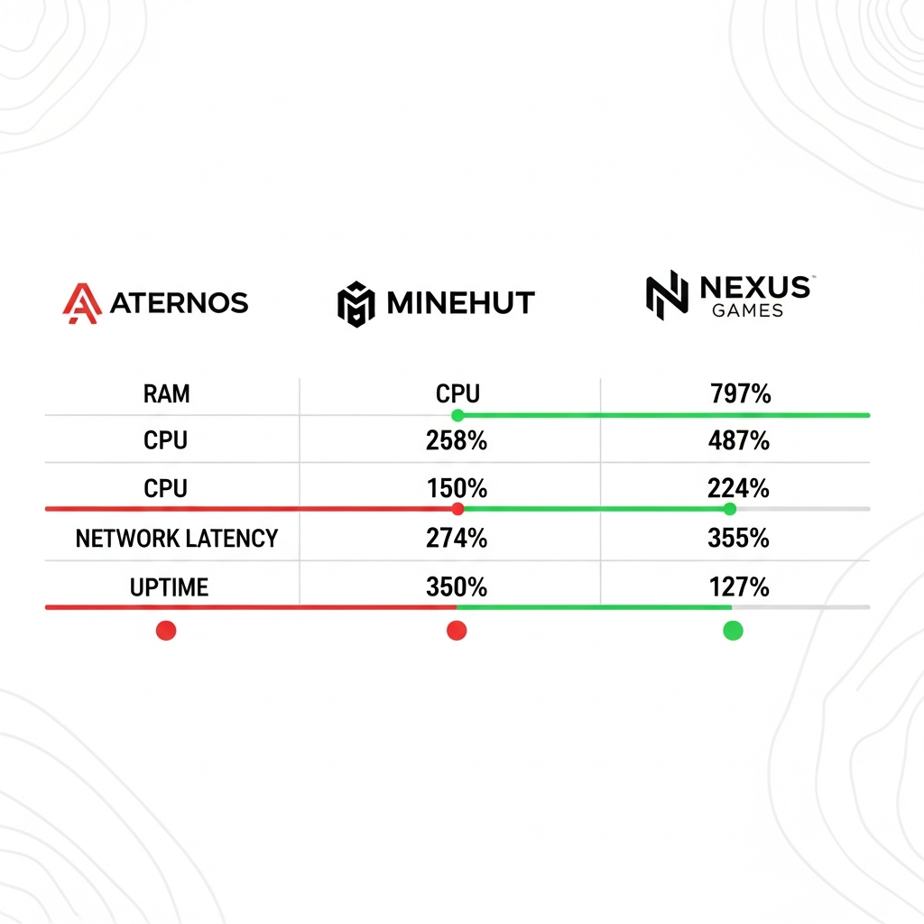 Tableau comparatif visuel sous forme d'infographie moderne montrant trois colonnes avec logos Aternos, Minehut et Nexus Games, lignes détaillant RAM, CPU, latence réseau et uptime avec codes couleurs rouge/orange/vert, fond blanc épuré