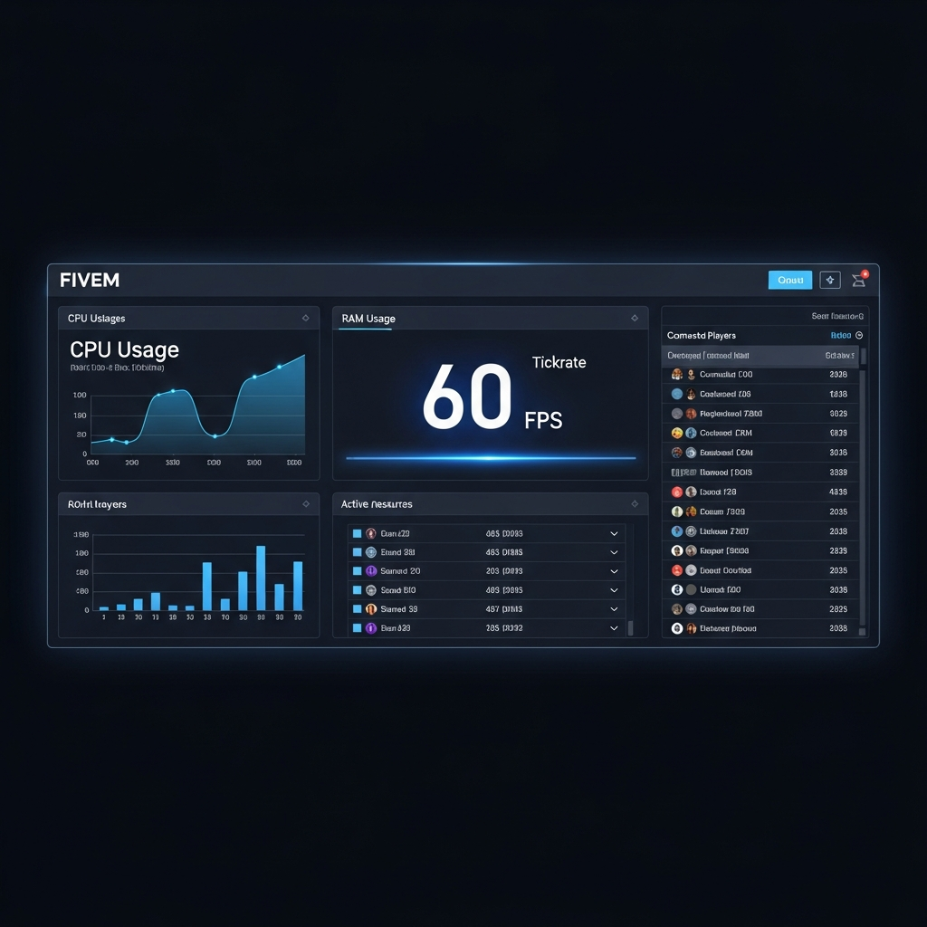 Tableau de bord d'un panel d'administration FiveM moderne affichant les métriques en temps réel : graphiques de CPU, RAM, tickrate serveur à 60 FPS, liste des joueurs connectés, et ressources actives, sur fond sombre avec interface épurée et professionnelle