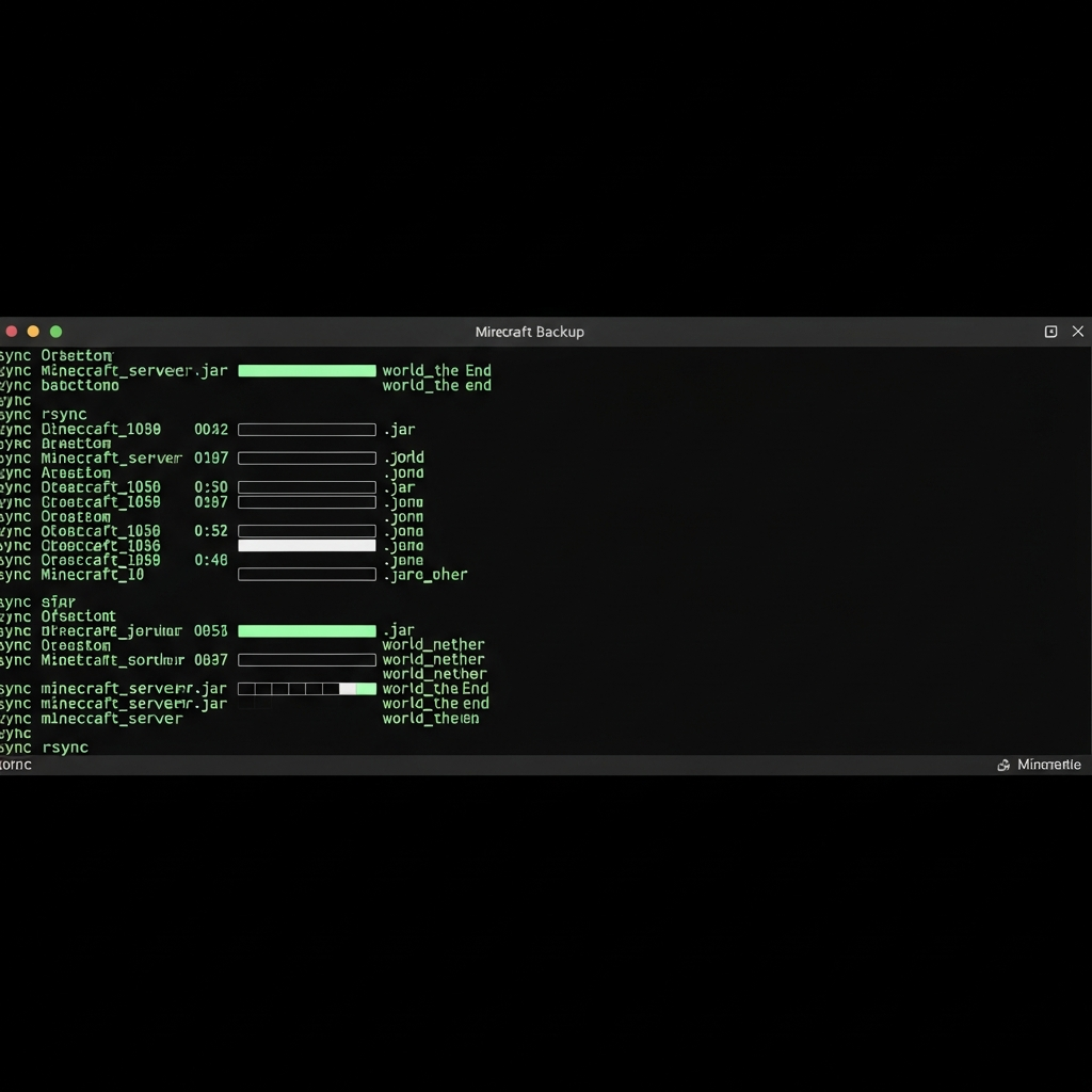 Terminal de Linux mostrando la ejecución en tiempo real de un script de backup automático de Minecraft, con líneas de código verde sobre fondo negro, barras de progreso de rsync, timestamps y nombres de archivos .jar y carpetas world; estilo hacker minimalista