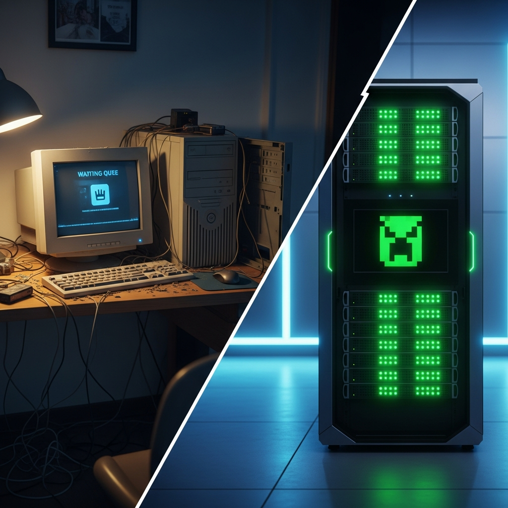 Vergleichsdarstellung zwischen kostenlosem und Premium-Server, links ein einfacher Desktop-PC mit flackerndem Monitor und Warteschlangen-Symbol, rechts ein hochmoderner Serverturm mit grünen Status-LEDs und Minecraft-Logo, Split-Screen-Komposition, fotorealistisch