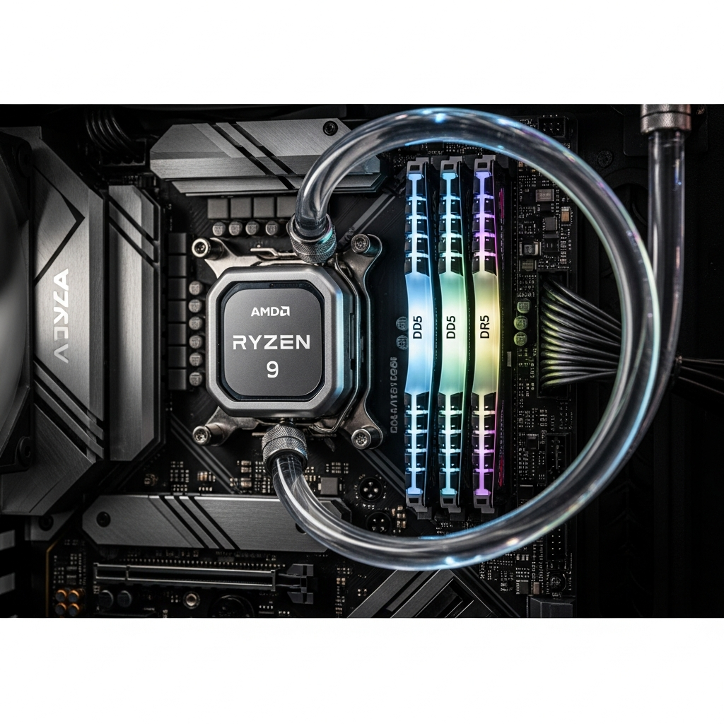 Vista detallada de un procesador AMD Ryzen 9 instalado en placa base con módulos de RAM DDR5 iluminados, sistema de refrigeración líquida con tubos transparentes, close-up fotorrealista de componentes gaming de alta gama