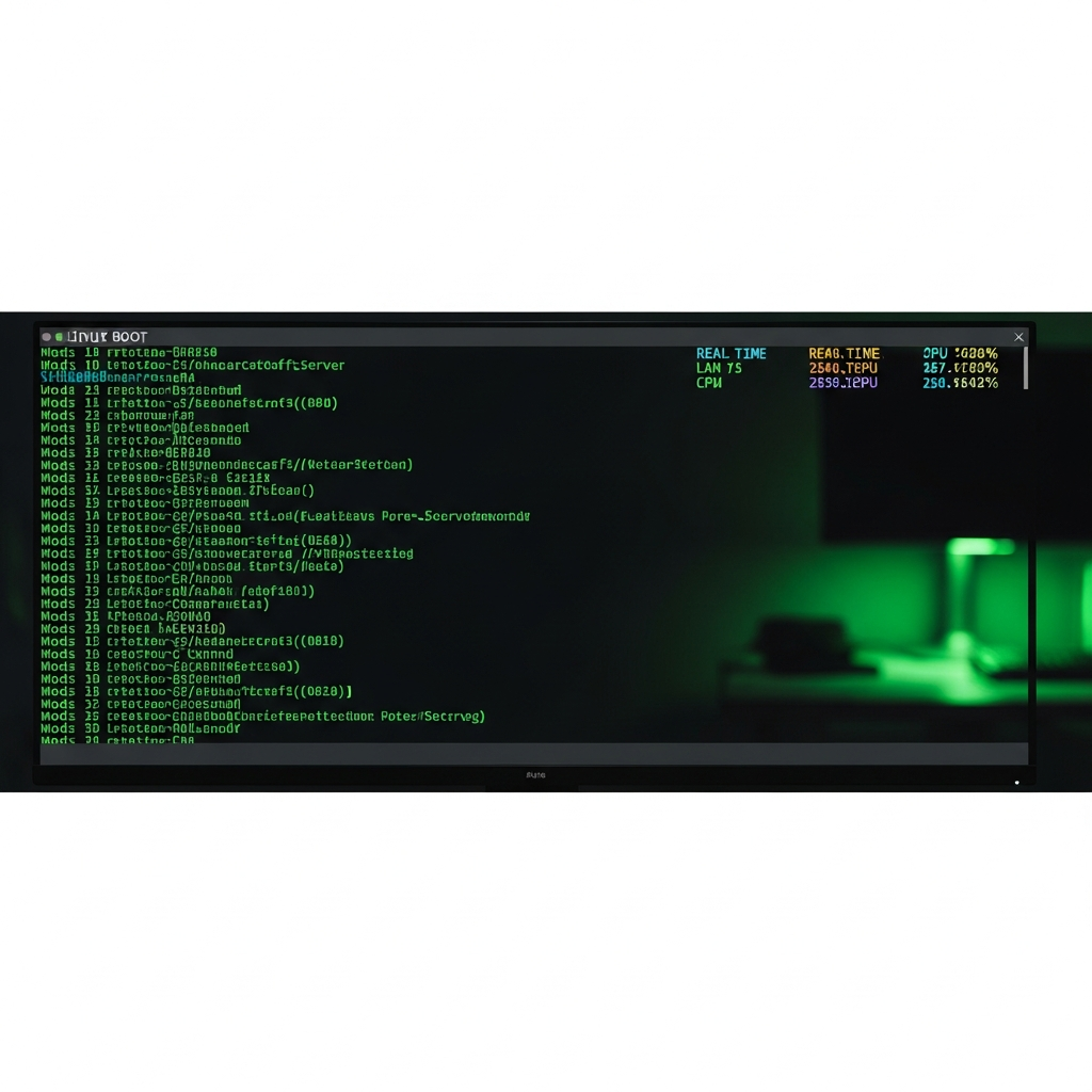 Vista de terminal de línea de comandos Linux mostrando el proceso de inicio de un servidor Minecraft con mods, texto verde sobre fondo negro, logs de carga de mods desfilando, estadísticas de RAM y CPU en tiempo real, ambiente técnico profesional con iluminación de monitor