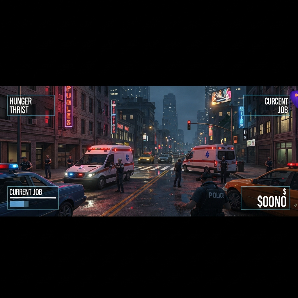 Vista fotorrealista de un mapa de FiveM RP con múltiples jugadores en roleplay policial, ambulancia y civiles, mostrando interfaz HUD personalizada con indicadores de hambre, sed, trabajo y dinero, ambiente urbano nocturno con iluminación realista