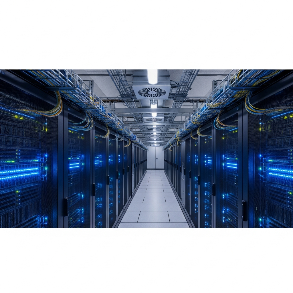 Visualisation 3D d'un datacenter moderne avec rangées de serveurs équipés de LED bleues, câblage réseau organisé, ambiance high-tech professionnelle, perspective de couloir entre les racks