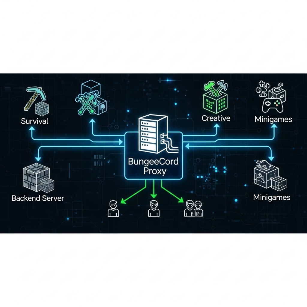 Visualización fotorrealista de un diagrama de red multi-servidor Minecraft, mostrando un proxy BungeeCord central conectado a múltiples servidores backend (Survival, Creative, Minijuegos) con flechas de datos, en estilo infográfico técnico profesional con iconos de servidores y jugadores