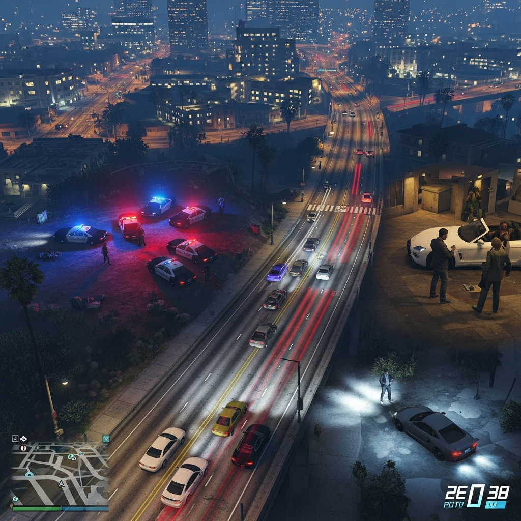 Vue aérienne d'une ville GTA V avec des joueurs en action dans différentes scènes roleplay simultanées - intervention policière, transaction commerciale, course automobile - interface HUD visible, graphismes haute qualité, ambiance nocturne urbaine