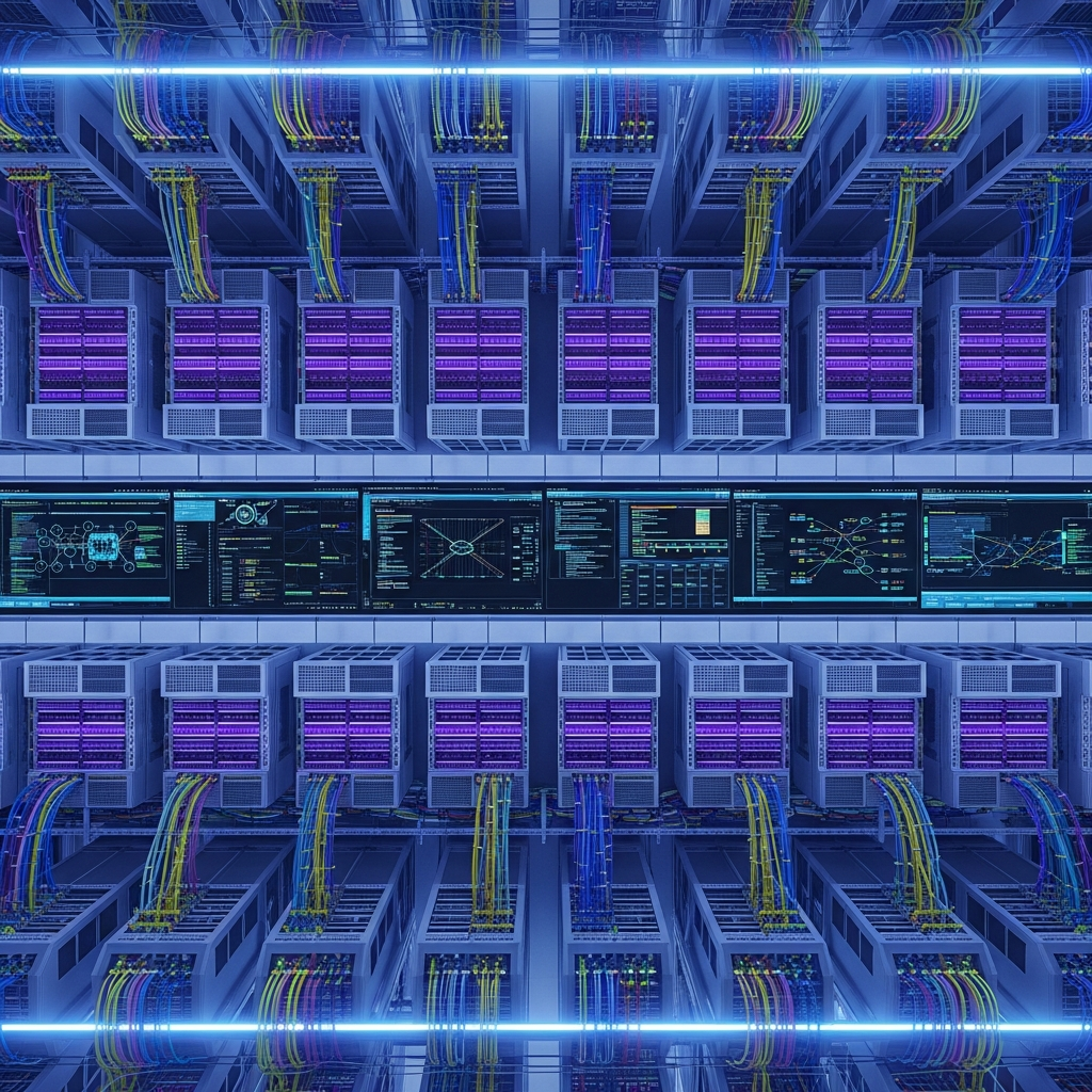 Vue aérienne photoréaliste d'une salle serveur moderne avec rangées de racks serveurs équipés de processeurs AMD Ryzen illuminés en violet, câblage réseau organisé et écrans affichant des métriques de performance en temps réel