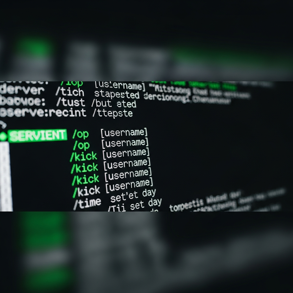 Vue en gros plan photoréaliste d'une console de serveur Minecraft affichant des lignes de log en temps réel, avec des commandes /op, /kick et /time set visibles, arrière-plan de terminal sombre avec police monospace verte