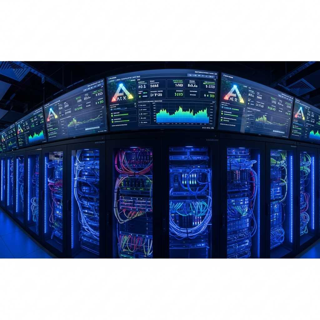 Vue immersive d'une salle serveur moderne avec racks illuminés en bleu et violet, câbles réseau méticuleusement organisés, écrans affichant des métriques de performance ARK en temps réel, ambiance professionnelle et technologique