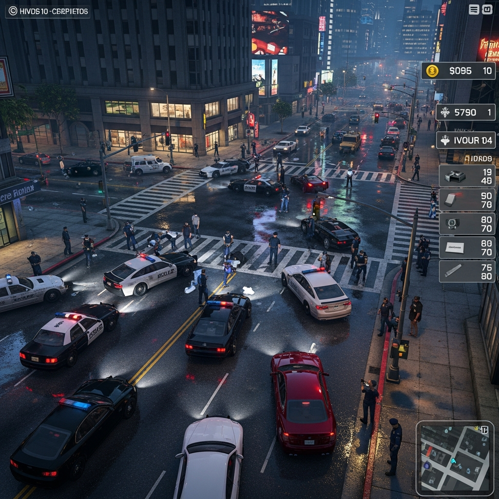 Vue immersive en jeu d'un serveur FiveM roleplay actif, montrant un carrefour urbain animé avec joueurs en uniformes de police, véhicules personnalisés, interface HUD moderne affichant argent et inventaire, éclairage nocturne réaliste et reflets sur asphalte mouillé