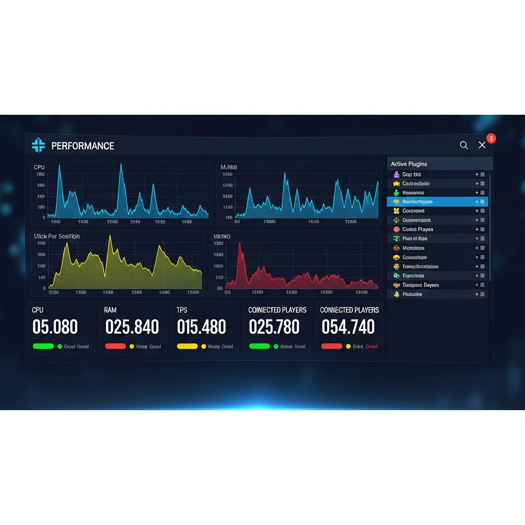 Vue photoréaliste d'un tableau de bord de monitoring de serveur Minecraft affichant des graphiques de performance en temps réel (utilisation CPU, RAM, TPS, joueurs connectés), avec des indicateurs colorés et une liste de plugins actifs, sur un écran sombre high-tech