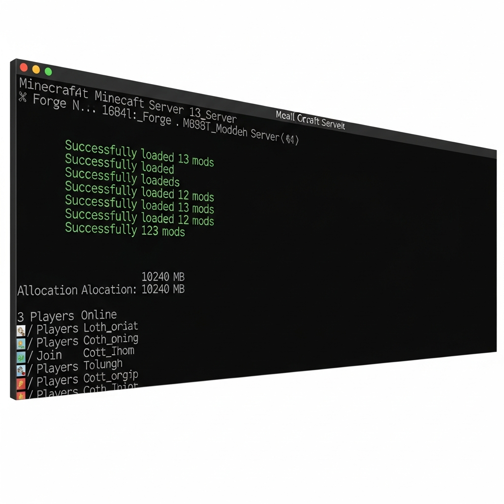 Vue photoréaliste d'un terminal Linux affichant la console d'un serveur Minecraft moddé avec logs en temps réel, montrant le chargement de mods Forge (lignes vertes "Successfully loaded X mods"), l'allocation mémoire (10240 MB) et trois joueurs connectés, sur fond noir avec police monospace blanche