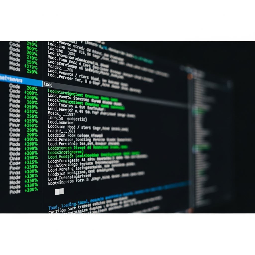 Vue photoréaliste en gros plan d'un terminal Linux affichant des logs de démarrage d'un serveur Minecraft avec lignes de chargement de mods, pourcentage de progression et messages de succès en vert sur fond noir