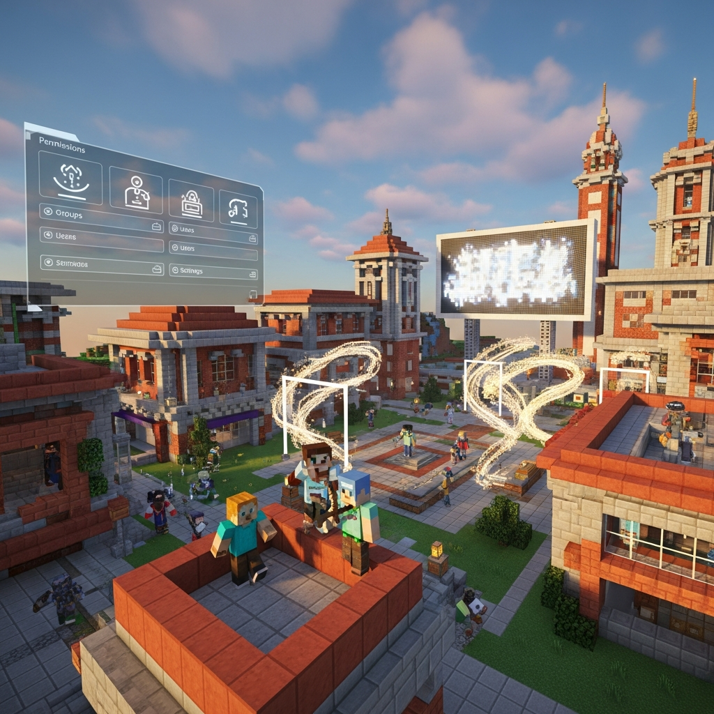 Vue photoréaliste en perspective d'un serveur Minecraft en jeu, montrant un spawn moderne et coloré avec plusieurs joueurs connectés, panneau d'affichage lumineux, zones protégées visibles par des particules, et interface de plugin de gestion de permissions en superposition translucide