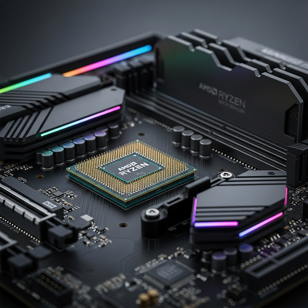 Vue rapprochée d'un processeur AMD Ryzen dernier génération installé sur une carte mère, éclairage RGB subtil, composants informatiques haute performance, photographie technique professionnelle, mise au point nette sur les broches du processeur