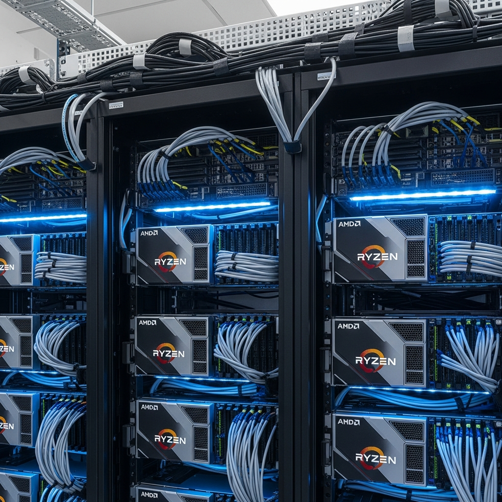 Wide-angle photorealistic shot of a modern data center server rack with AMD Ryzen processors and DDR5 RAM modules illuminated by soft blue LED lighting, cables neatly organized, professional hosting environment