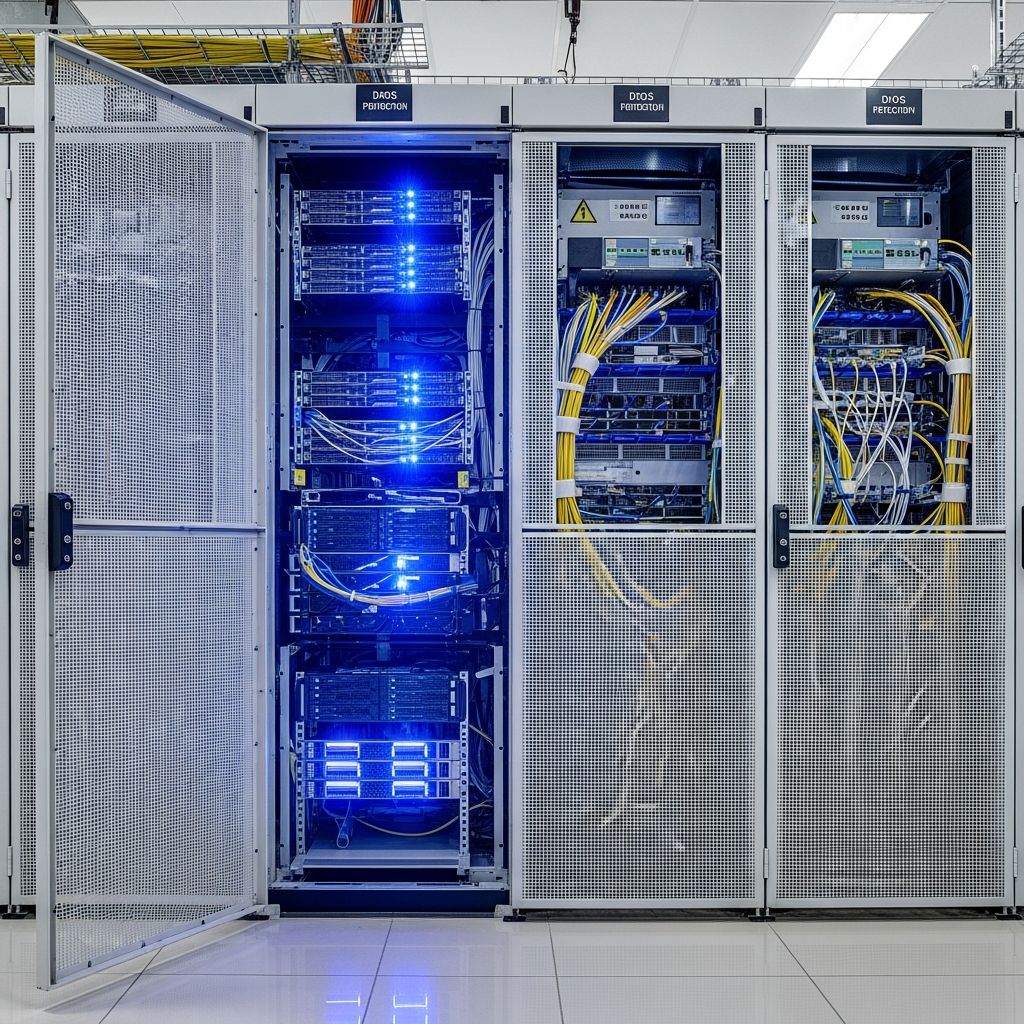Wide-angle photorealistic view of a modern data center server rack with glowing blue LED indicators, reinforced security cage doors, and fiber optic cables neatly organized, representing enterprise-grade Minecraft server hosting infrastructure with DDoS protection systems