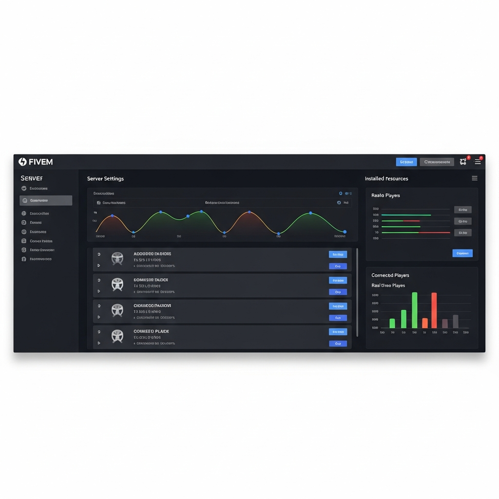 capture d'écran photoréaliste d'un panel d'administration FiveM moderne montrant les paramètres de serveur, la liste des ressources installées, et les statistiques en temps réel de joueurs connectés sur fond sombre avec interface graphique épurée