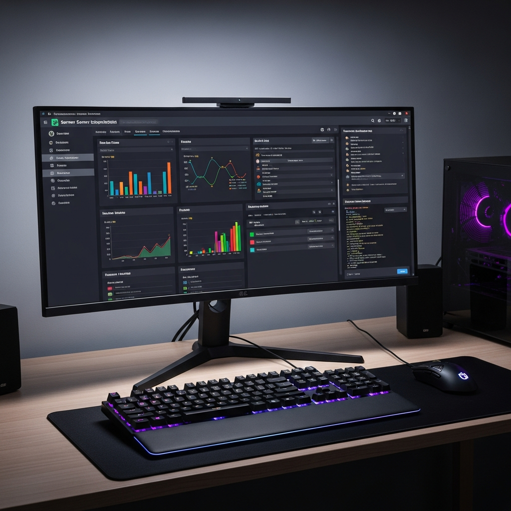 clean modern computer setup showing Minecraft server control panel dashboard on ultrawide monitor, displaying server statistics graphs, player list, mod management interface, file manager, and console window with colorful GUI elements, ergonomic desk setup with mechanical keyboard and gaming mouse