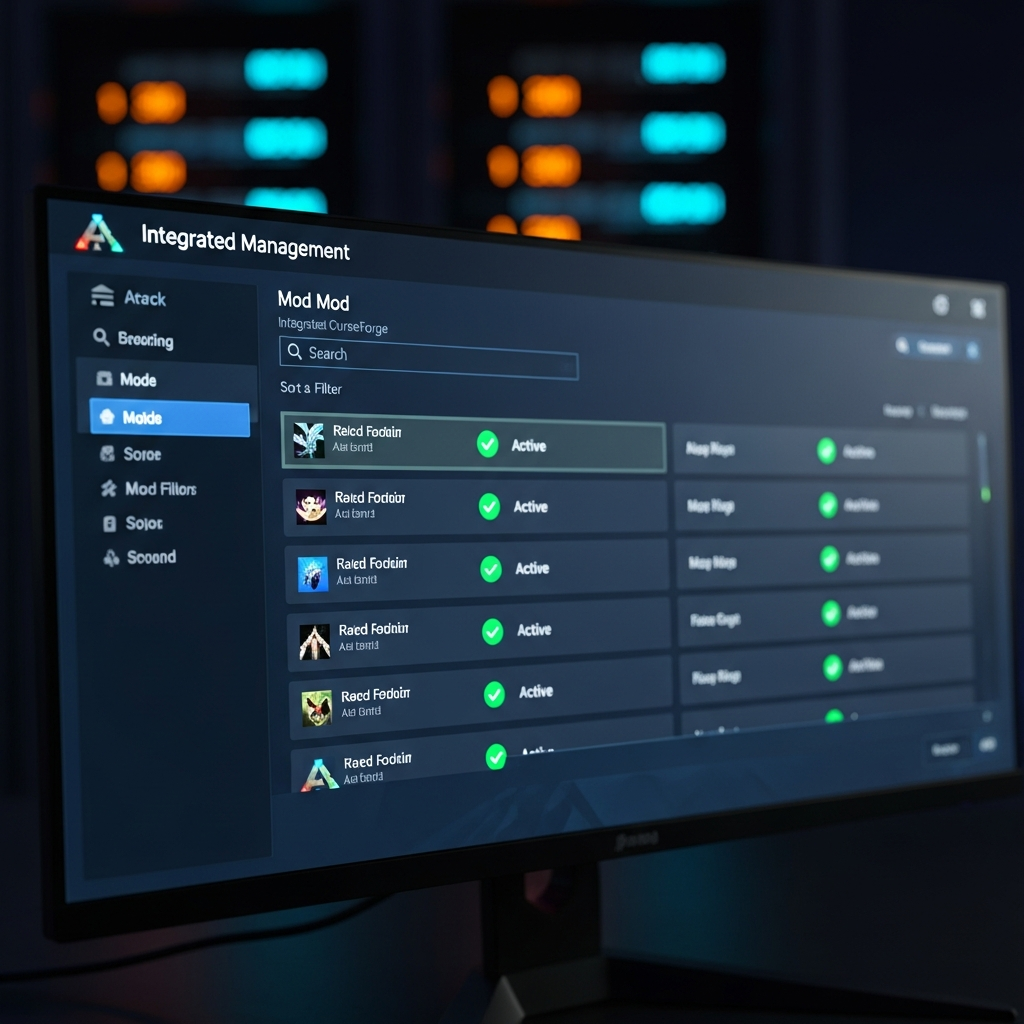 close-up of gaming monitor displaying ARK Survival Ascended mod management interface with CurseForge integration, multiple mods listed with green checkmarks, futuristic UI design, blurred server rack in background
