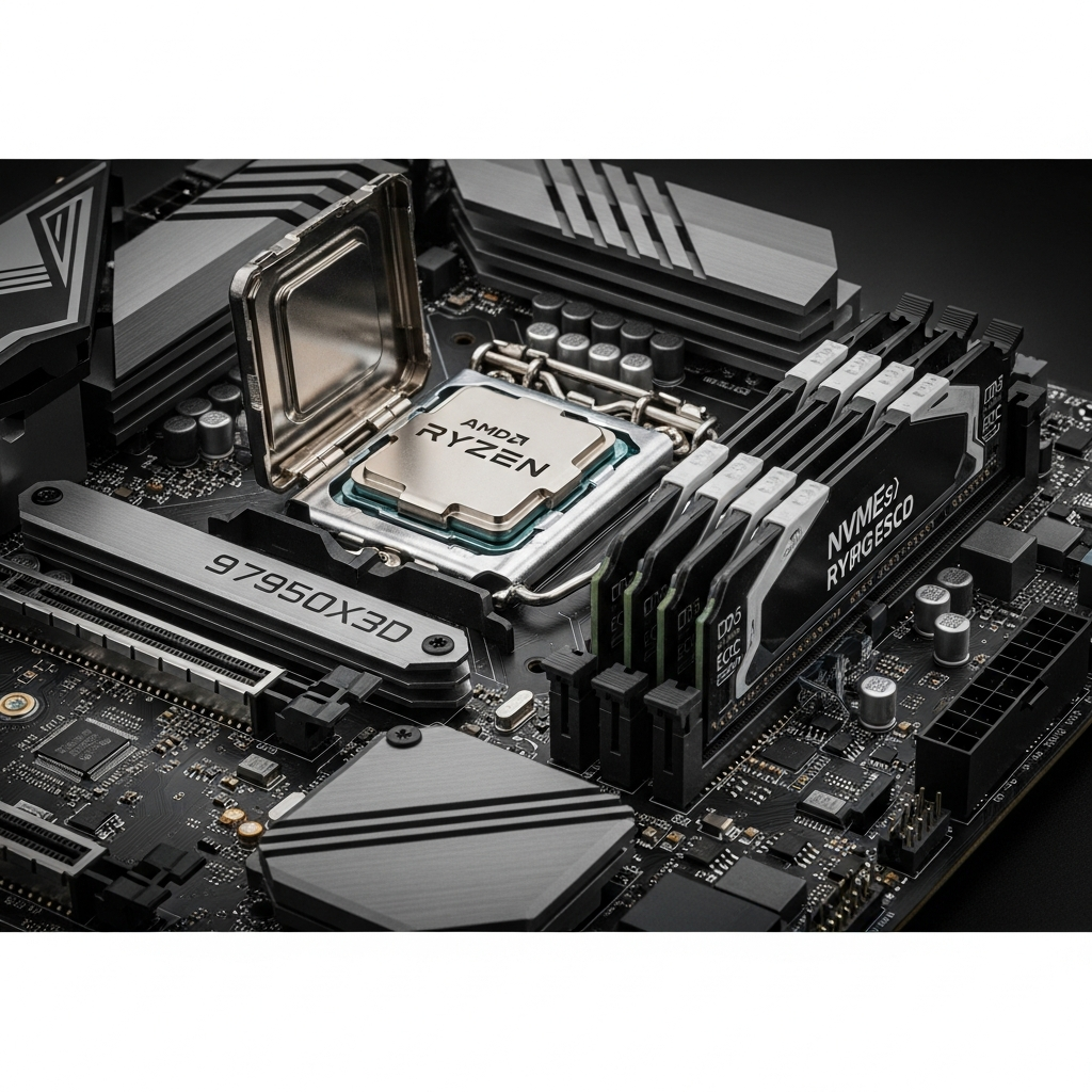 close-up photograph of a gaming PC motherboard with DDR5 ECC RAM modules installed, AMD Ryzen 9 7950X3D processor socket visible, professional lighting highlighting NVMe SSD slot, high-end server hardware
