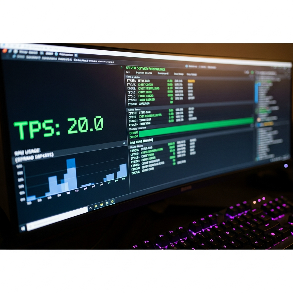 close-up photorealistic image of a computer monitor displaying Minecraft server console with green scrolling text showing TPS metrics at 20.0, RAM usage graphs, and performance statistics, mechanical keyboard partially visible in foreground, ambient desk lighting