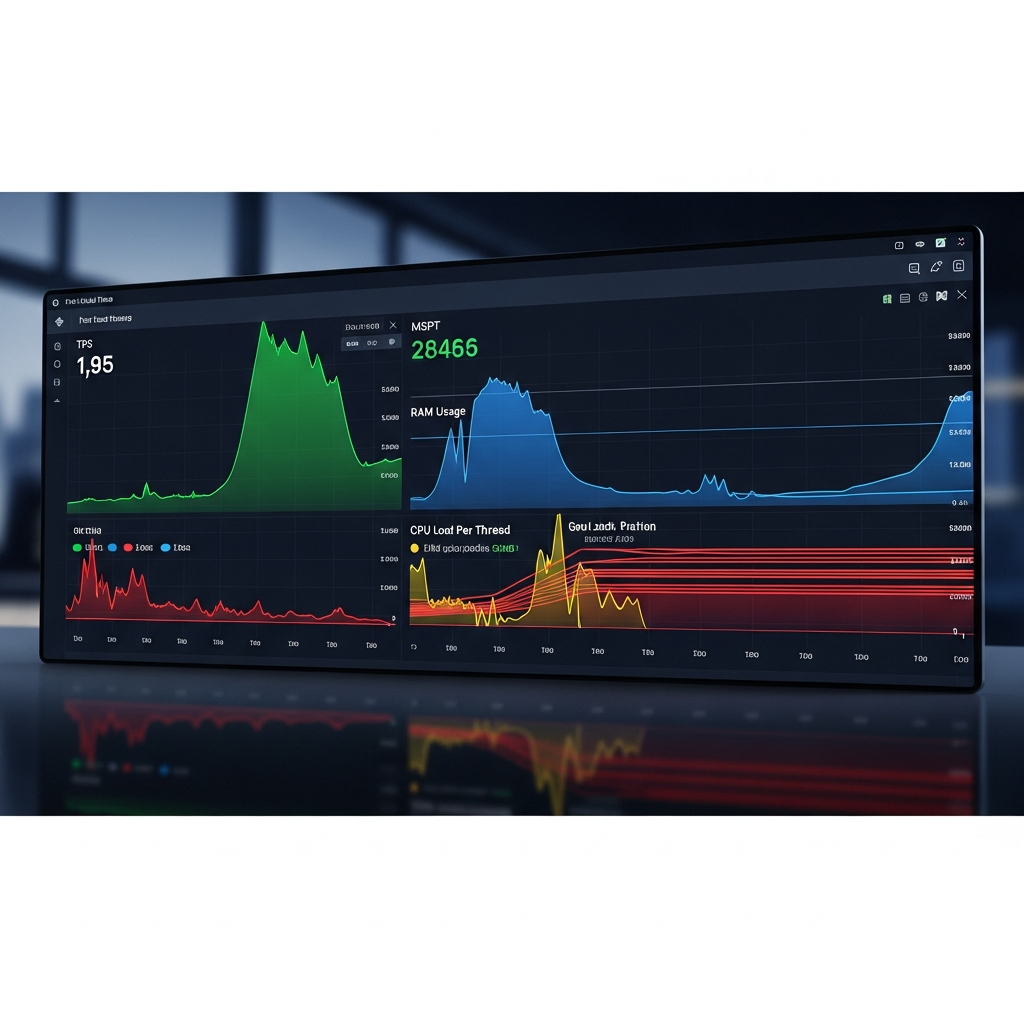 Écran de monitoring détaillé montrant graphiques en temps réel de TPS, MSPT (millisecondes par tick), usage RAM avec garbage collection, et charge CPU par thread, interface style dashboard moderne avec fond sombre et courbes colorées