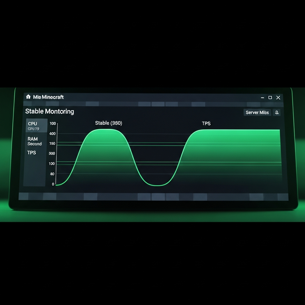 Écran de monitoring en temps réel affichant les graphiques de performances d'un serveur Minecraft dédié, avec courbes CPU, RAM et TPS stables en vert, sur fond sombre avec interface moderne