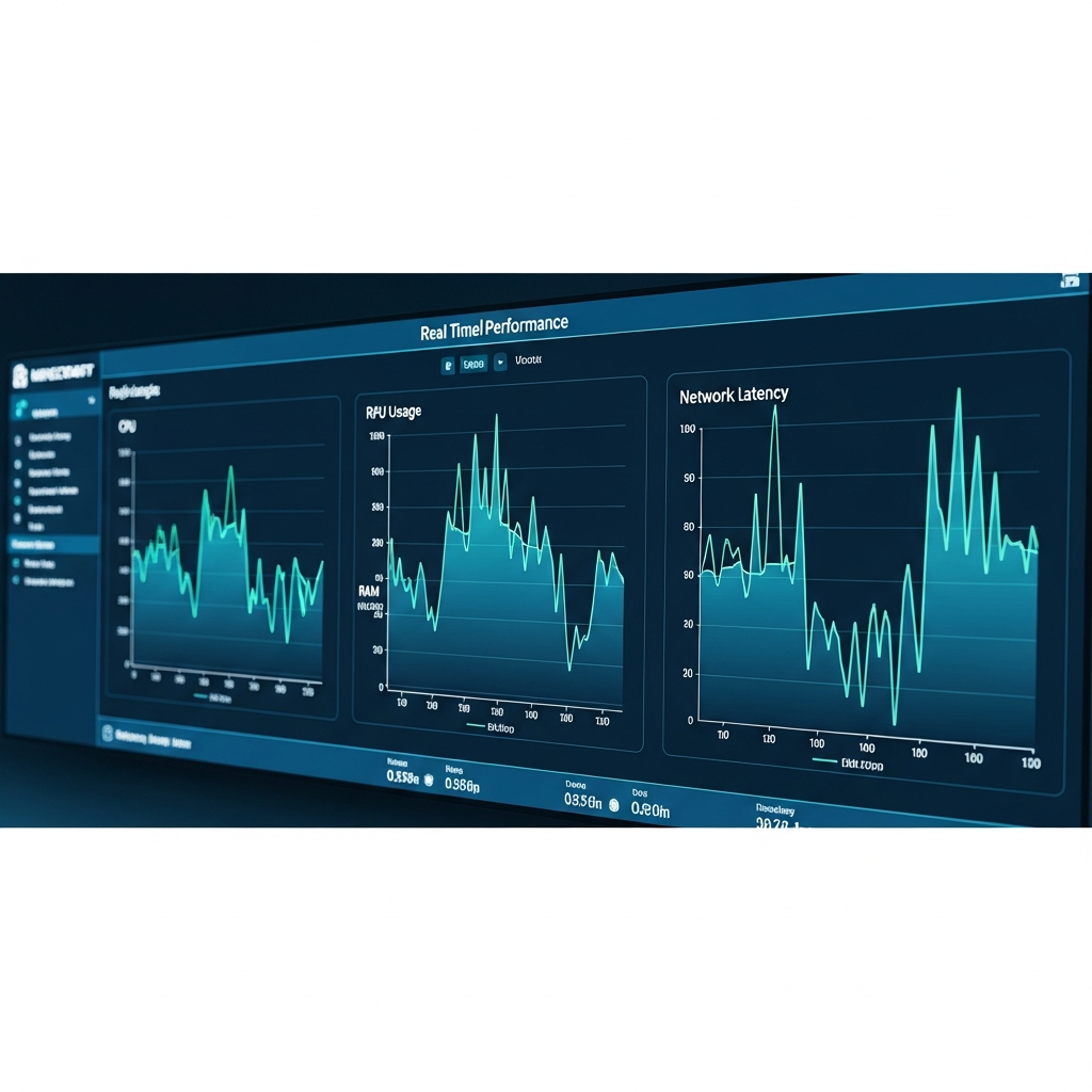 Écran de monitoring en temps réel montrant les graphiques de performance d'un serveur Minecraft avec courbes de CPU, RAM et latence réseau, interface moderne avec tons bleus et verts, dashboard technique détaillé