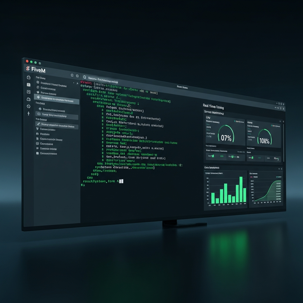 Écran de terminal Linux affichant des lignes de code de configuration FiveM avec métriques de performance en temps réel, tableau de bord de monitoring du serveur avec graphiques CPU et RAM, interface moderne et professionnelle en tons vert et noir