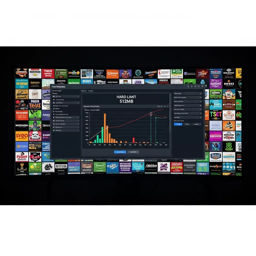 Écran d'ordinateur affichant le tableau de bord d'un panel d'hébergement Minecraft gratuit saturé de publicités, avec des graphiques de RAM indiquant une limitation à 512 Mo et plusieurs bannières publicitaires clignotantes, ambiance sombre et frustrante