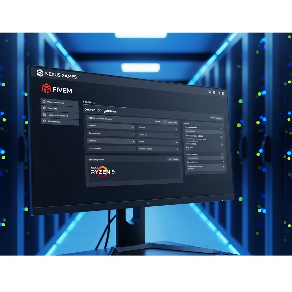 Écran d'ordinateur affichant l'interface du panel Nexus Games avec les paramètres de configuration d'un serveur FiveM, processeur AMD Ryzen 9 visible dans les spécifications techniques, ambiance de datacenter moderne avec lumières LED bleues