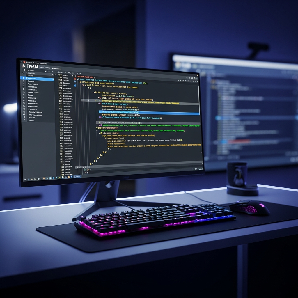 Écran d'ordinateur montrant l'éditeur de fichiers server.cfg FiveM avec lignes de code surlignées, interface de panel d'administration en arrière-plan, clavier mécanique RGB et souris gaming sur un bureau moderne, éclairage tamisé et ambiance de setup gamer professionnel