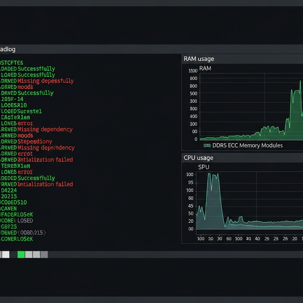 detailed photorealistic view of a Minecraft server terminal window displaying real-time log output during mod loading, showing green success messages for compatible mods, red error warnings for missing dependencies, and system resource monitoring graphs for RAM and CPU usage on DDR5 ECC memory modules