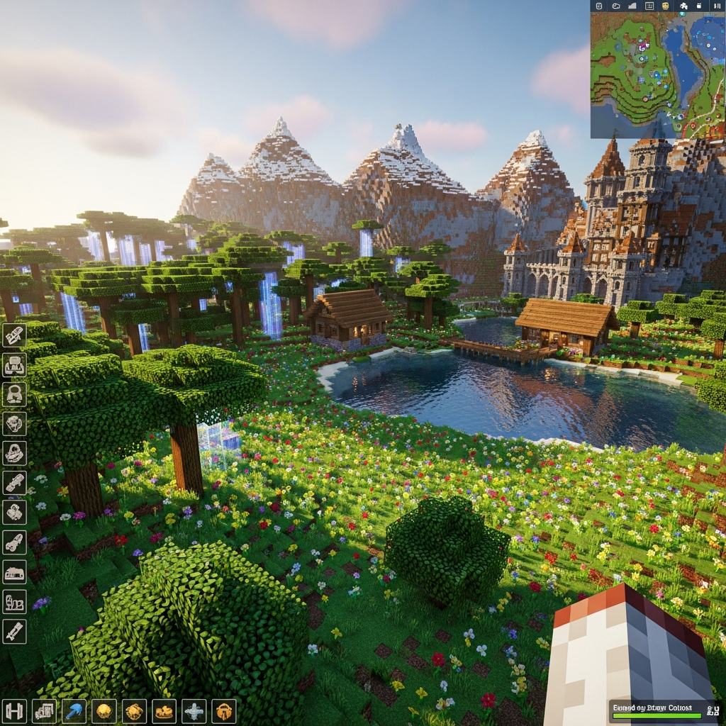 detailed photorealistic view of a modded Minecraft landscape featuring enhanced biomes with realistic shaders, custom buildings, visible minimap in corner, and GUI elements showing mod interfaces, rendered in warm afternoon lighting with depth of field