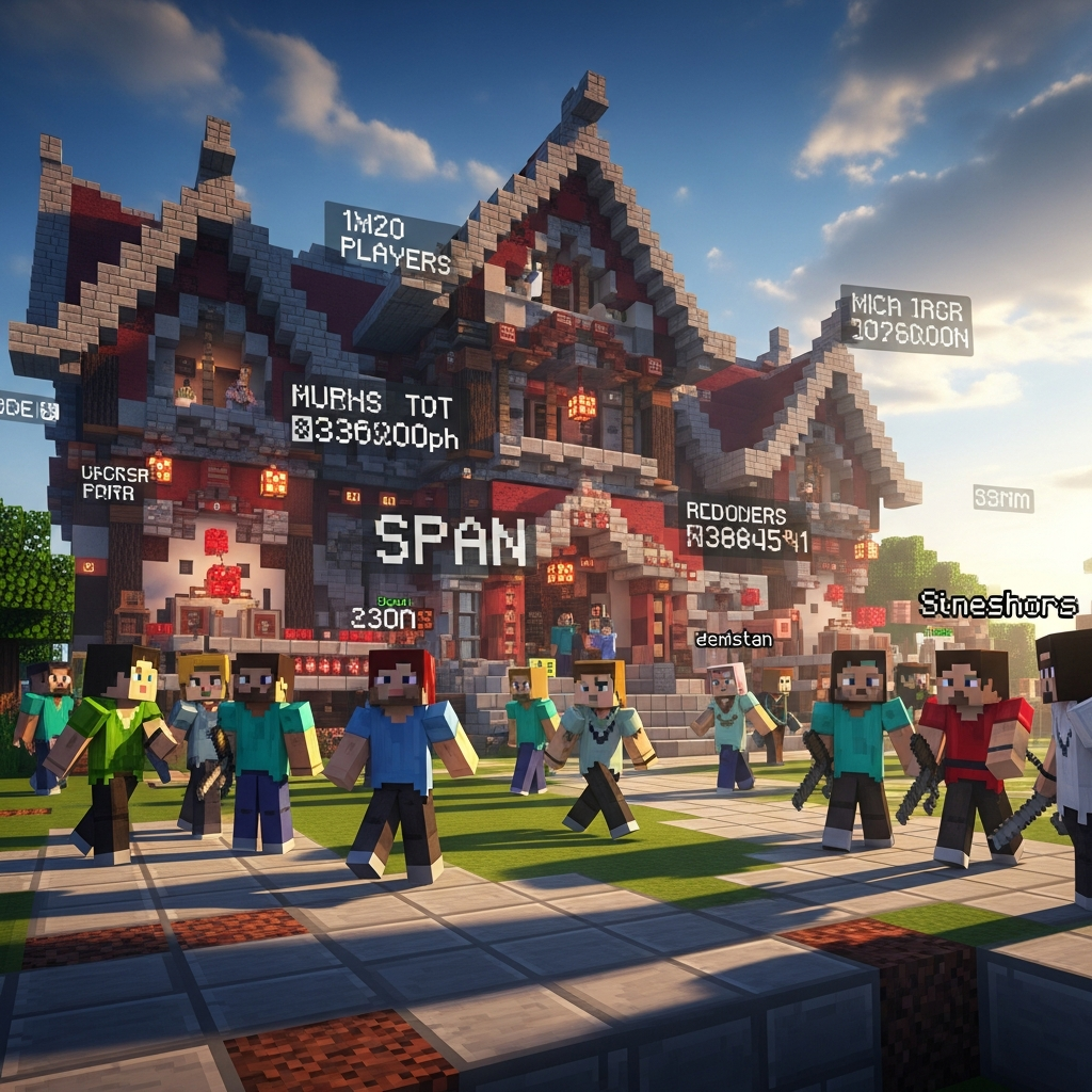 detailed view of Minecraft multiplayer server in action, showing diverse player skins gathered around elaborate spawn building with custom textures, redstone contraptions visible, floating text displaying server information, vibrant shaders rendering realistic lighting and shadows, thriving community atmosphere