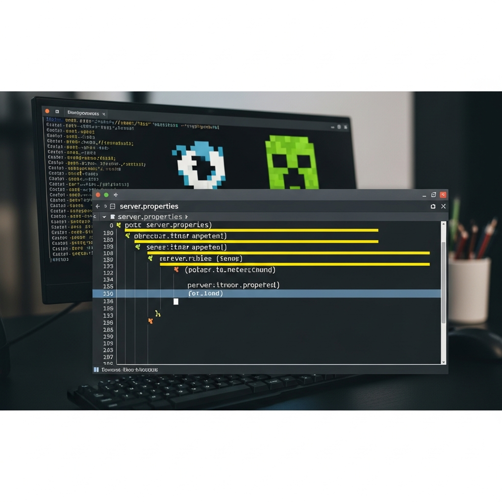 Éditeur de texte affichant le fichier server.properties avec lignes de configuration surlignées en jaune, interface de terminal Linux en arrière-plan avec logo Minecraft, environnement de développeur professionnel