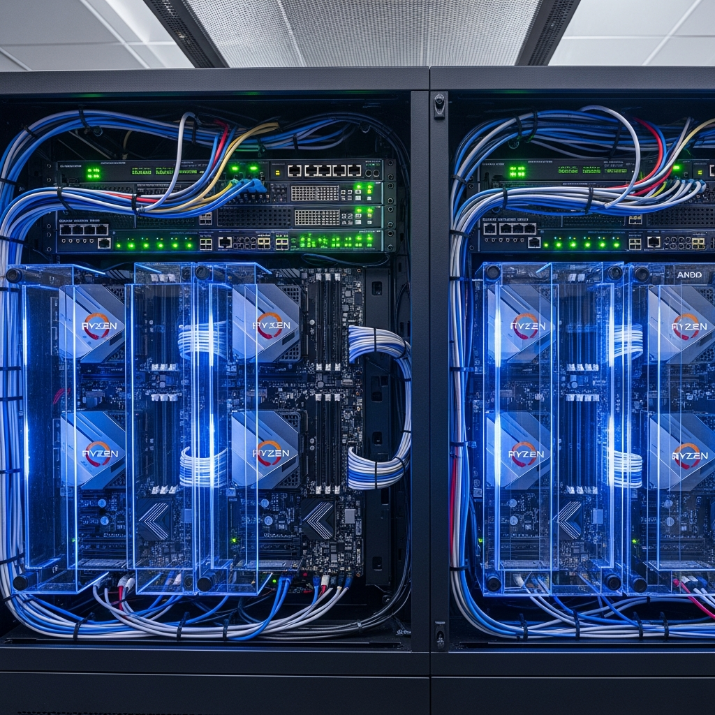 photorealistic image of a modern server rack in a professional data center with AMD Ryzen processors visible through transparent server cases, blue LED lighting, organized cable management, and network switches with blinking status lights