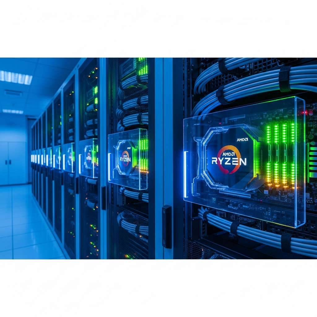 photorealistic image of a modern server rack with glowing status LEDs, high-performance AMD Ryzen processors visible through transparent case panels, network cables neatly organized, professional data center environment with cool blue ambient lighting