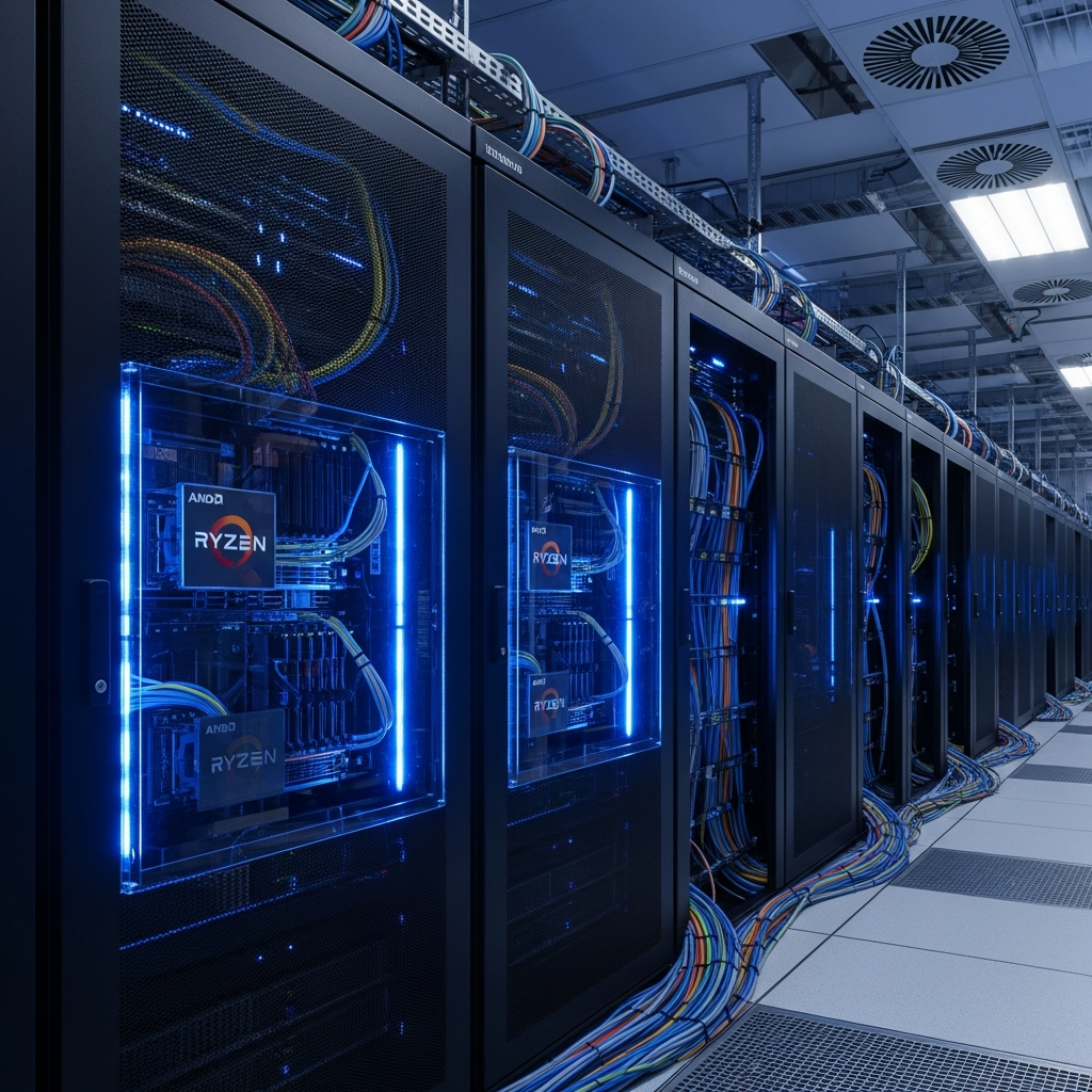 photorealistic modern server room with rows of sleek black server racks, blue LED indicators glowing, AMD Ryzen processors visible through transparent side panels, organized cable management, professional data center environment with climate control systems
