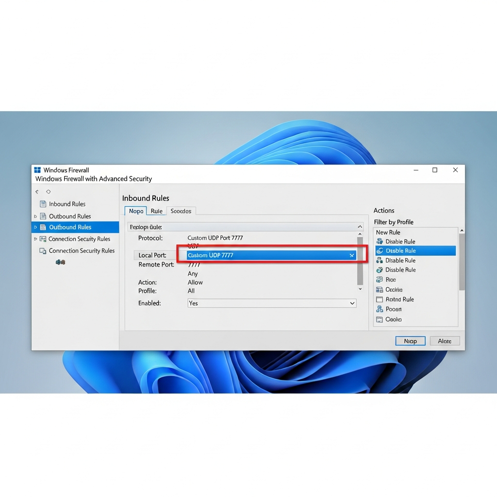 photorealistic screenshot of Windows Firewall advanced settings panel with UDP port 7777 inbound rule highlighted, network security configuration interface, clean desktop background