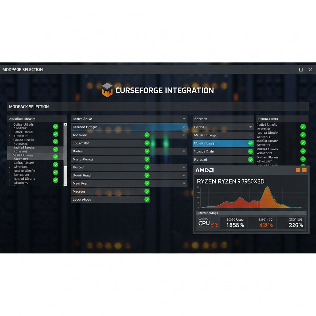 photorealistic screenshot of a Minecraft server control panel interface showing a modpack selection menu with CurseForge integration, dropdown lists of available mods and dependencies, green checkmarks next to installed libraries, and an AMD Ryzen 9 7950X3D performance monitor in the corner displaying CPU usage graphs